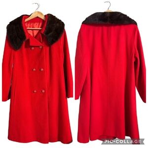 Vintage 1950s–60s Printzess Fashion Red Wool Double Breasted w/ Mink Fur Collar